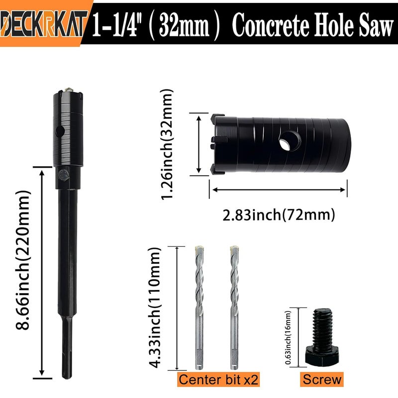 DECKRKAT 1-1/4" Concrete Hole Saw Kit,Electroplated Black Quenching Tech,Heavy-Duty Thickened Alloy Teeth,SDS Plus Shank & 2 Center Bits for Concrete,Brick,Stone. - Image 2